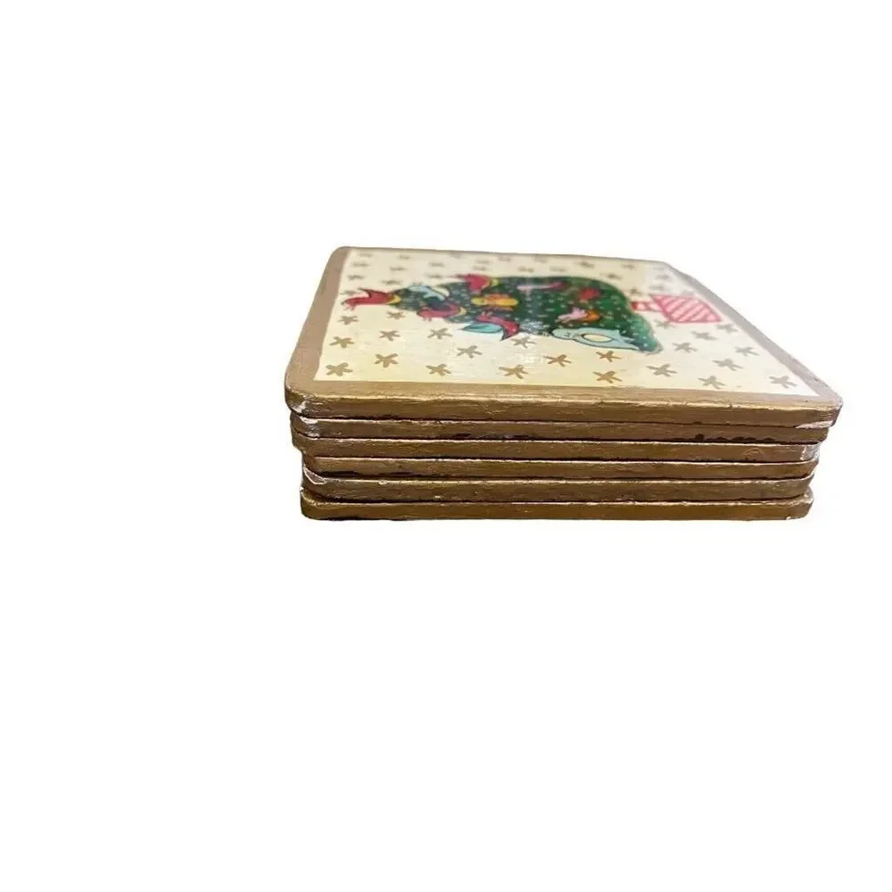 Foreside Painted Christmas Coasters Wooden Glossy Glaze With Box